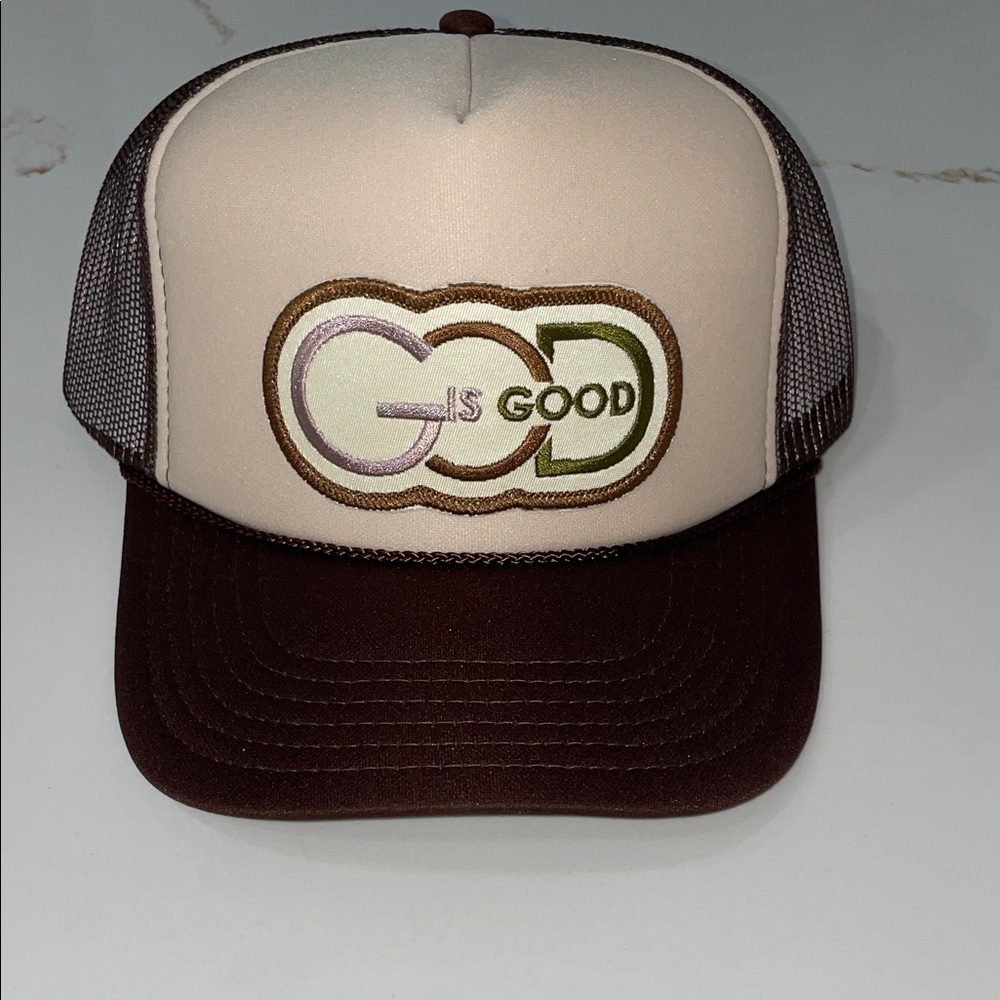 NWT GOD IS GOOD Beige and Brown Trucker Hat with Embroidery